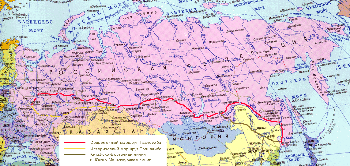 Overall map of Trans-Siberian railway (@) Modern and historical way and also 